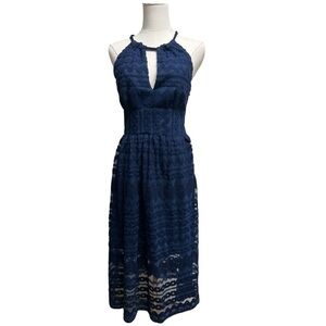 Trina Turk Navy Blue Halter Sleeveless Midi Dress with embroidered overlay Sz 4